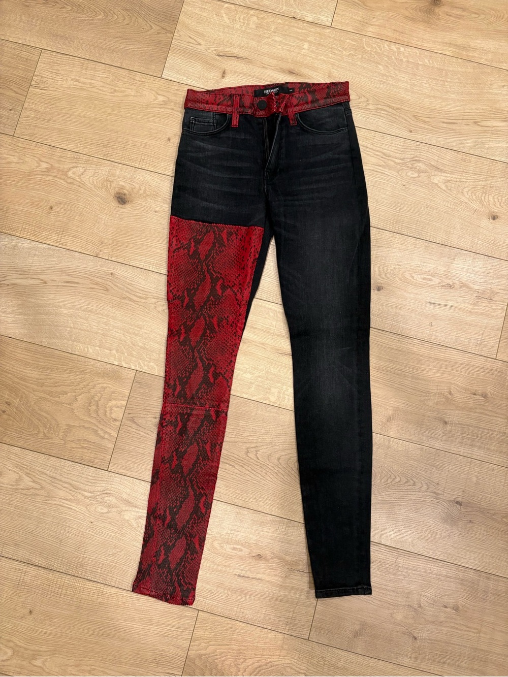 Hudson Jeans Black Skinny with Red Snakeskin Panel